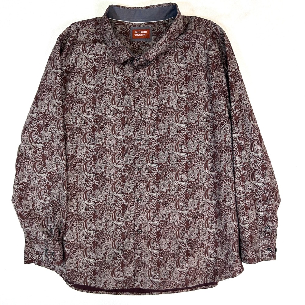 Consequence Men's Button Up Shirt Long Sleeve‎ Paisley Cotton Brown White 2XL